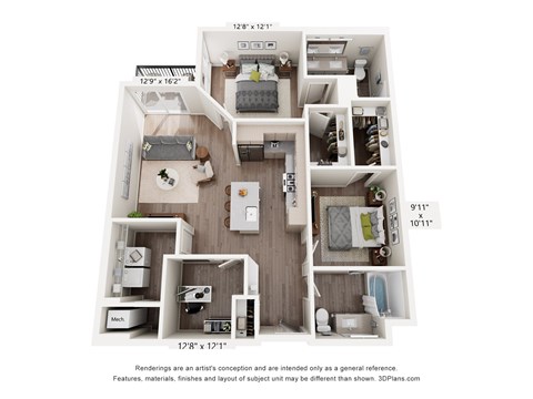 Floor plan for 2 beds, 2 baths, 1169 sqft